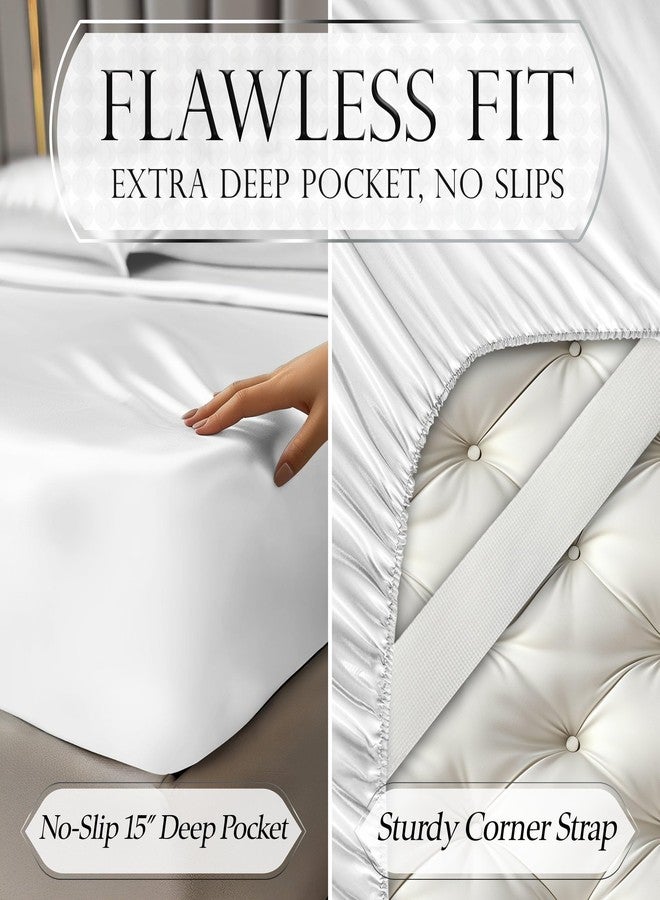 DECOLURE Satin Bed Sheets - 4 Piece Luxury Silky Queen Size Bedding Set - Softer Than Silk, Wrinkle-Free with 15” Deep Pocket Fitted Sheet, Perfect for Hair & Skin, Gifts for Women (White) - Image 5